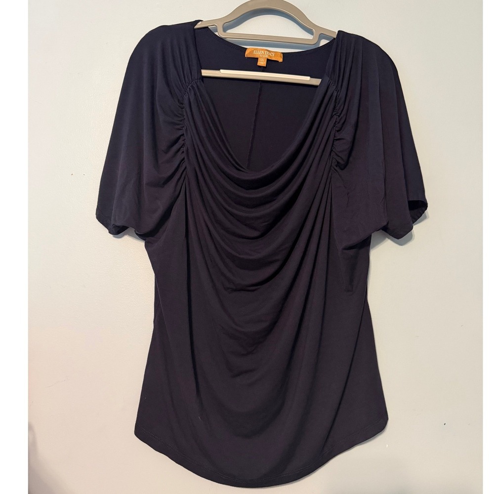 Ellen Tracy Woman's 1X Navy Blue Draped Cowl Neck Short Sleeve Top 2039